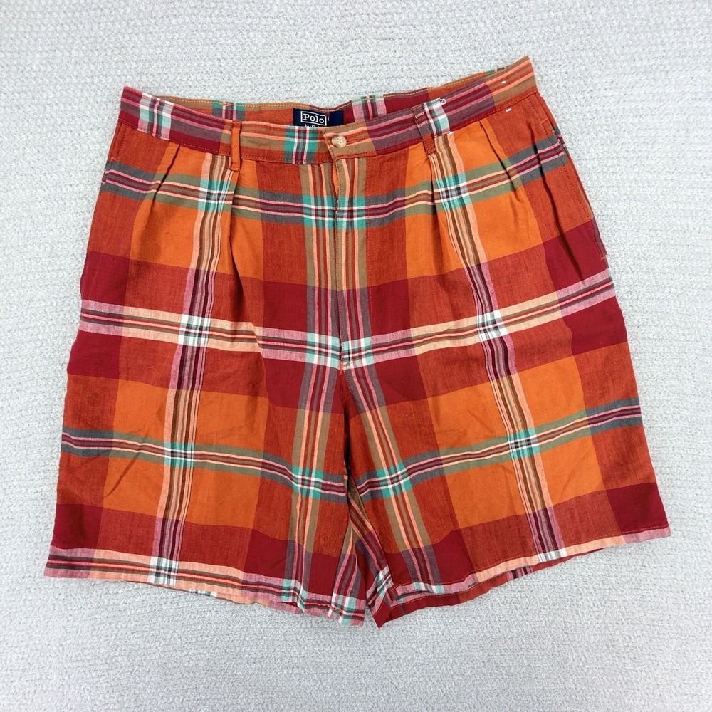 Vintage Polo Ralph Lauren Shorts Mens 36 Orange Madras Plaid Cotton Chino USA - Picture 1 of 7